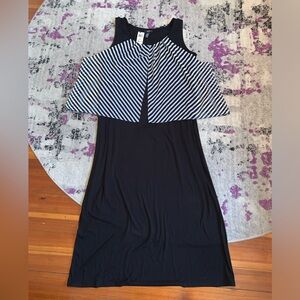 Alfani black maxi dress with flowy black and white cape detail!